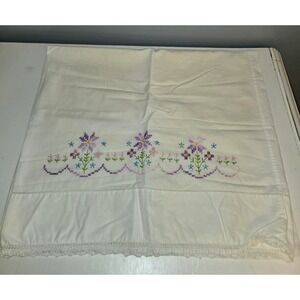 Vintage Handmade Embroidered Standard Pillowcase 19x31 Single delicate flowers